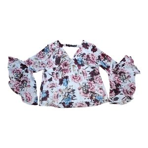 NWOT Floral V-Neck Draped Back Blouse, White House Black Market Plum/Pink Sz 12P